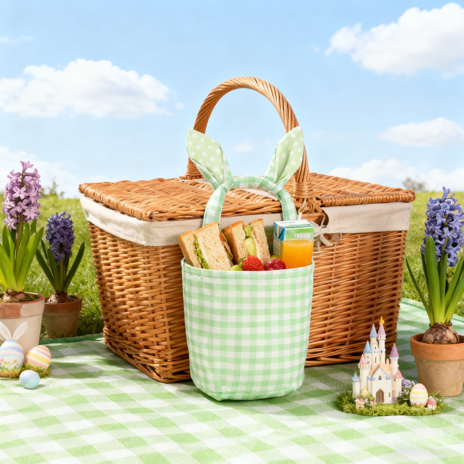 Lunxisen 3 Pcs Easter Bunny Basket Plaid Gingham Easter Buckets with Border Pleat,Cute Easter Basket Tote Easter Eggs Hunt Bag,Easter Decorations,Candy Gifts Storage