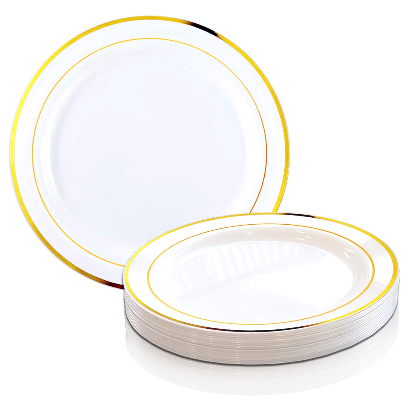 120 9" Dinner Plates Masterpiece Style Black-Gold Rim Disposable Plastic 