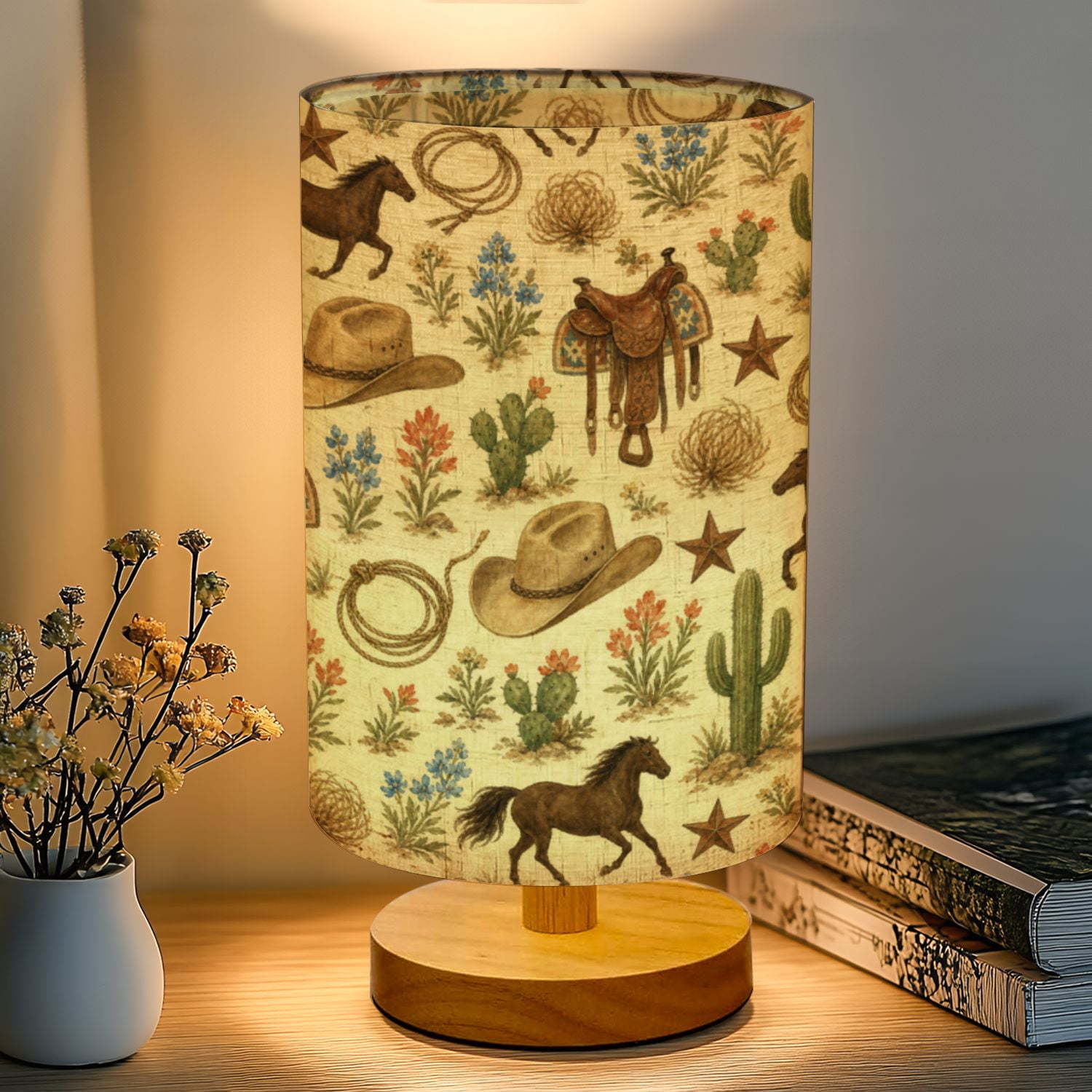 16-Color Dimmable Table Lamp, Eclectic Vintage Western Cowboy Retro Oil Landscape Bedside Nightstand Light with Wood Base Fabric Shade, Gifts for Kids Bedroom Nursery Living Room Office