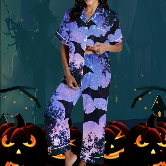 FDGIU Women's Halloween Pajamas Fashion Short Sleeve Turndown Collar Pajama Pockets Halloween Print Pants Elastic Waist Set