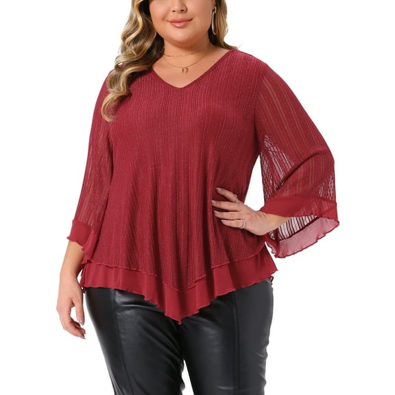 DARING DIVA Women's Plus Ruffle 3/4 Sleeve V Neck Loose Fit Blouse 1X Burgundy