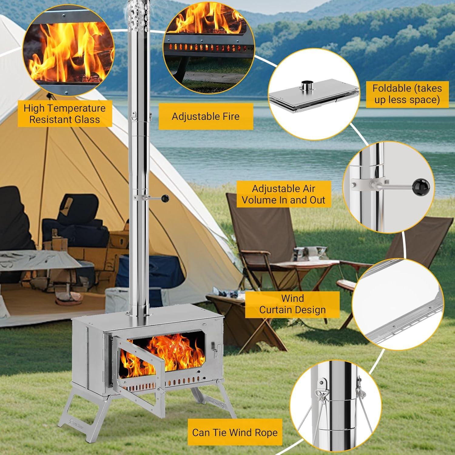 Garvee Hot Tent Stove With View Glass, Wood Burning Stove for Camping, 5 Chimney Pipes, Silver