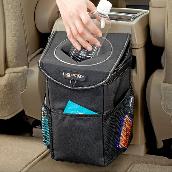 High Road StashAway Compact Covered Car Trash Can with Rubber Lid and 3 Storage Pockets