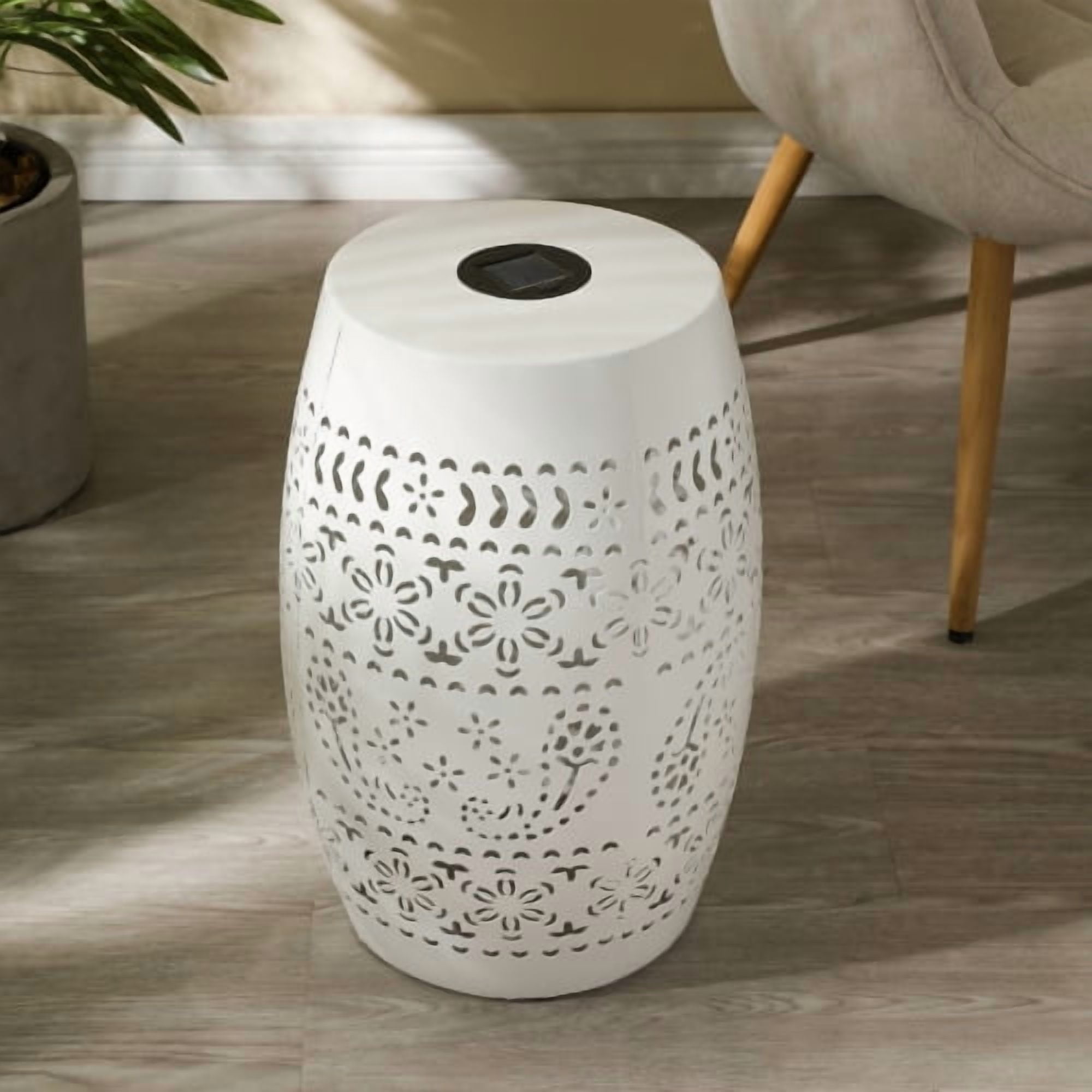 Solar Side Table, Outdoor Side Table with Built-In Solar Battery for Patio Garden Backyard, White