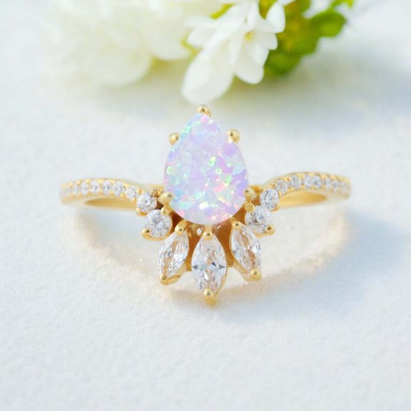 JEWELRYTREASURE 7x5 MM / 1.5 ct Fire Opal Engagement Ring Rose Gold Plated Bridal Ring Curved Diamond Jewelry Christmas Day Gift for Women