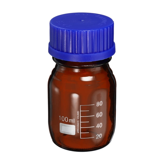 Botella de almacenamiento graduada de vidrio ámbar para reactivos Uxcell 100mL tapa azul