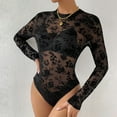 thumbnail image 2 of Body de malla de manga larga Leotardo con estampado de encaje Body ajustado transparente para mujer L Negro, 2 of 8