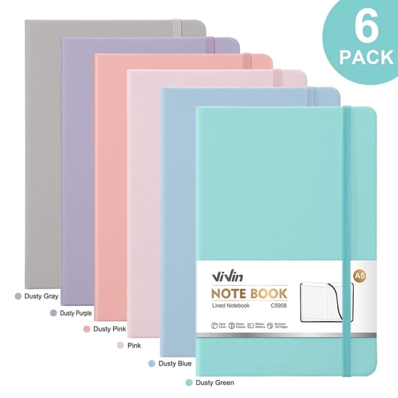 Vivin 6 Pack Notebook, A5 Hardcover Leather Journals, College Ruled Lined Journal Notebook, Writing and Notebooks for Office, Home, Univ