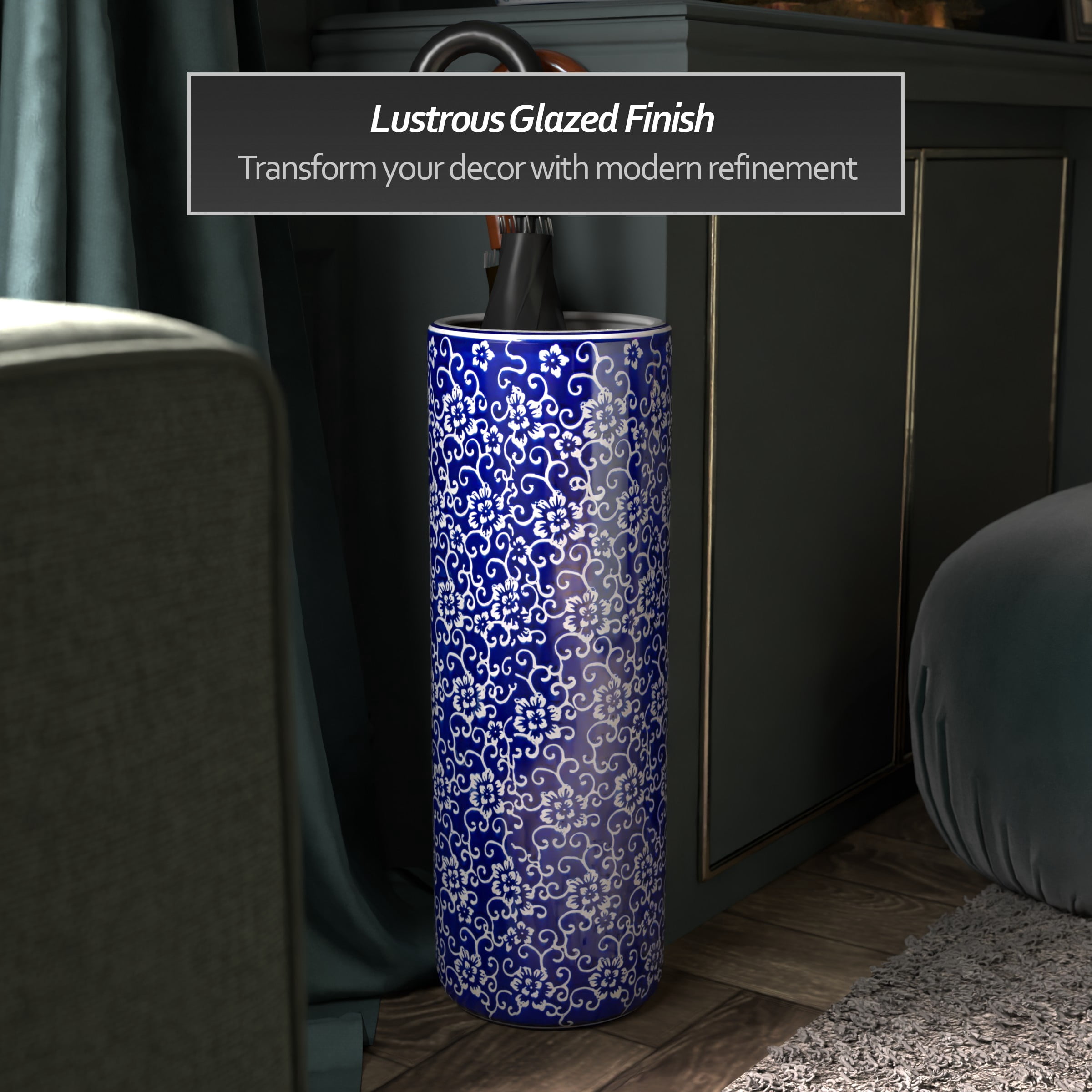 Red Lantern 24" White Flowers on Blue Umbrella Stand