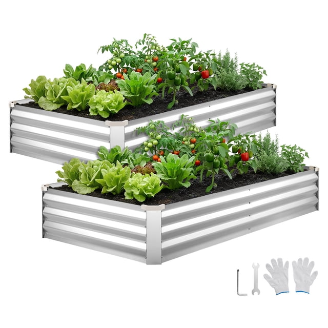 VEVOR 2 Pack Galvanized Raised Garden Beds, 6 x 3 x 1 ft, Rectangular Metal Planter Boxes Kit Outdoor, Bottomless Elevated Planting Box with Gloves, Alu-Zinc, for Growing Flowers Vegetables, Silver