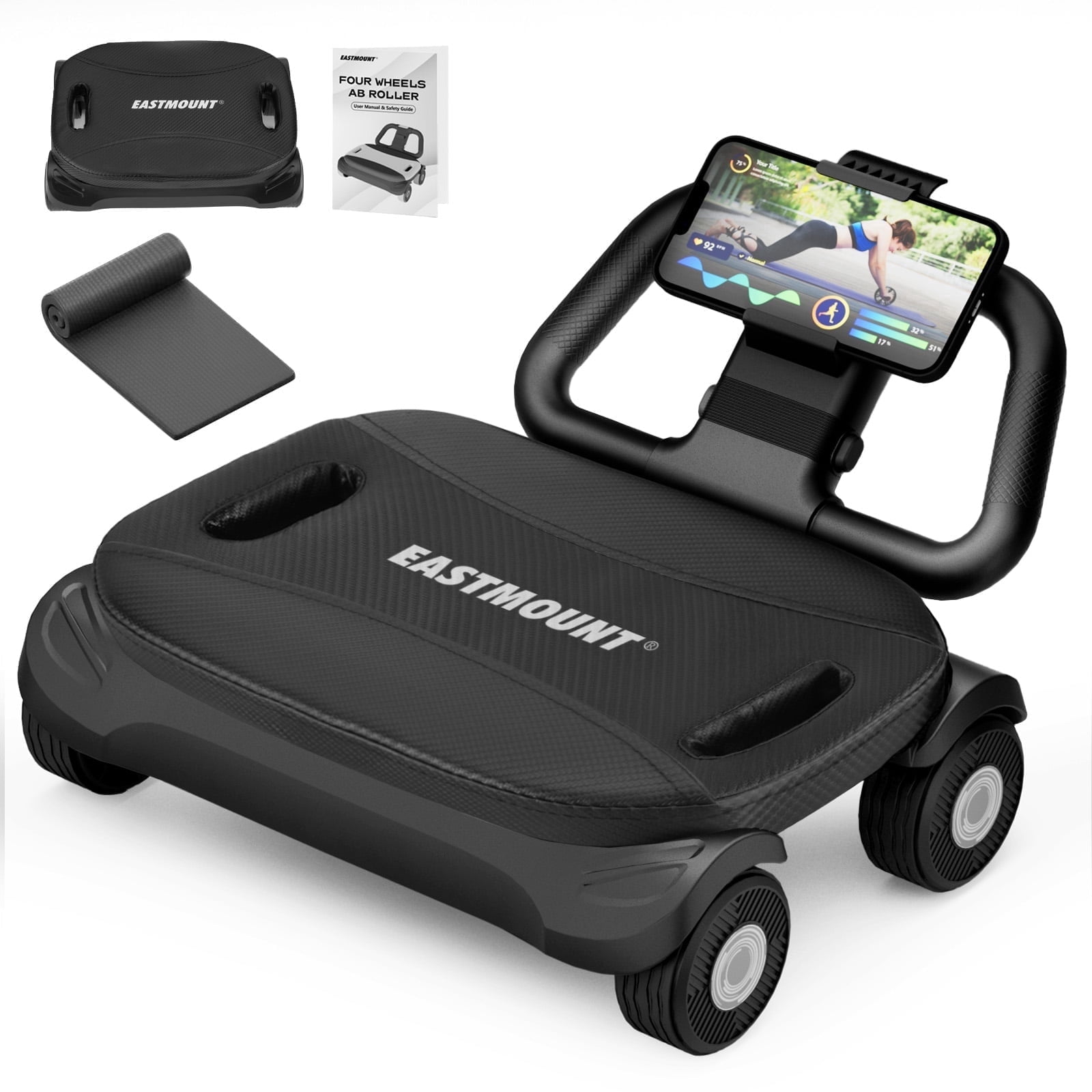 EAST MOUNT 4-Wheel Automatic Rebound Ab Roller with Elbow Support, Stable Core Workout Machine for Men Women, Foldable Beginner-Friendly Home Gym Fitness Equipment