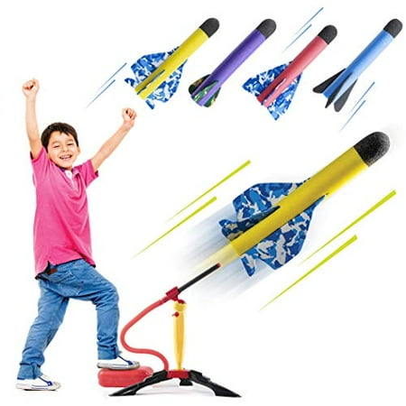 Prextex Toy Rocket Launcher for Kids - Shoots Up to 150 Feet - Colorful Foam Rockets with Stunt Planes and Sturdy Launcher Stand with Foot Launch Pad - Fun Outdoor Toy for Boys and Girls