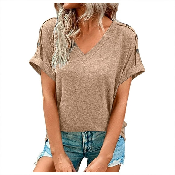 Timegard Hauts pour Femmes Col en V Manches Courtes Boutonné Confortable Été Décontracté Ample Hauts T-Shirt Couleur Unie
