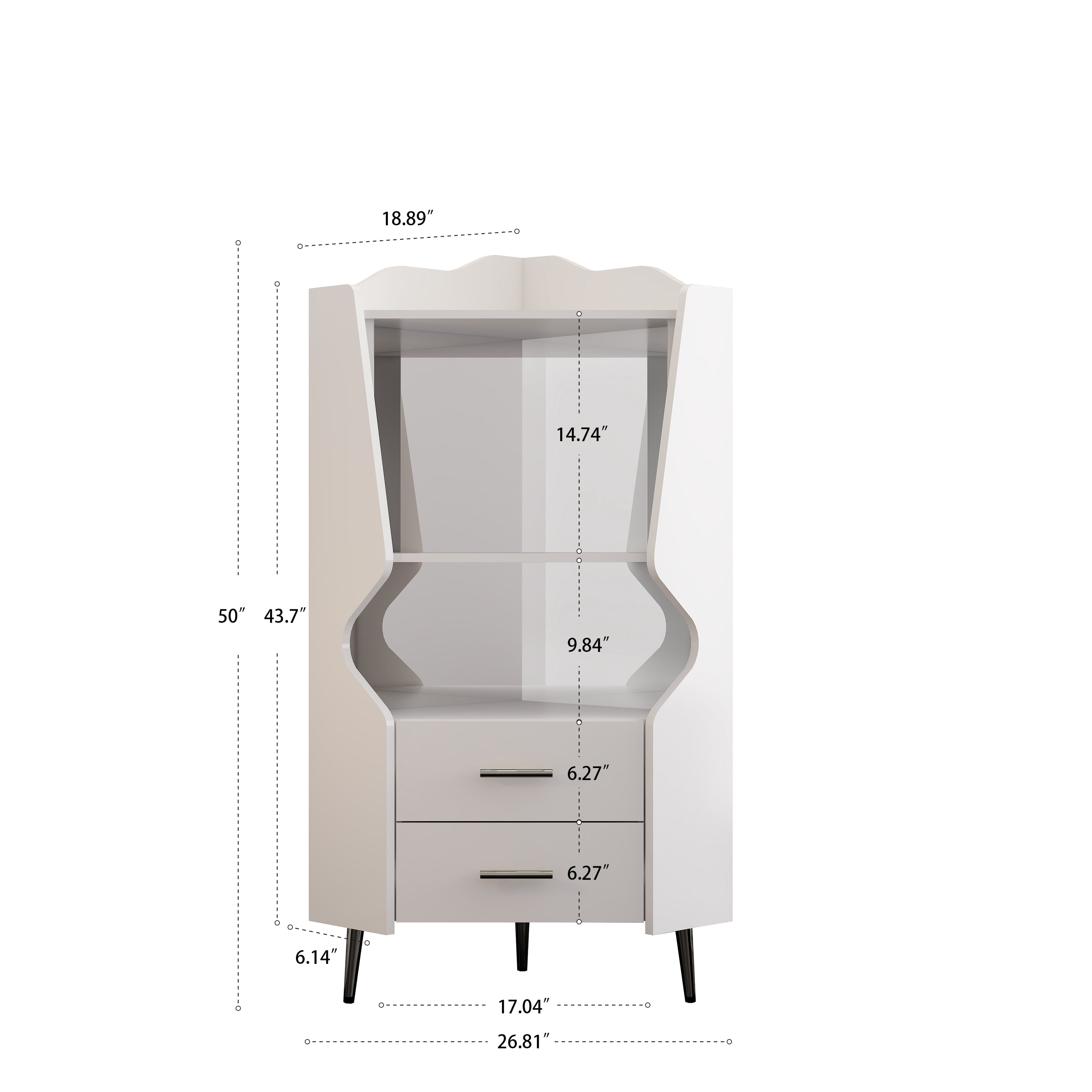 Leumius Corner Coffee Bar Cabinet with 2 Open Shelves and 2 Drawers,Mirrored Back Sideboard,High Legs for Dining Room,White