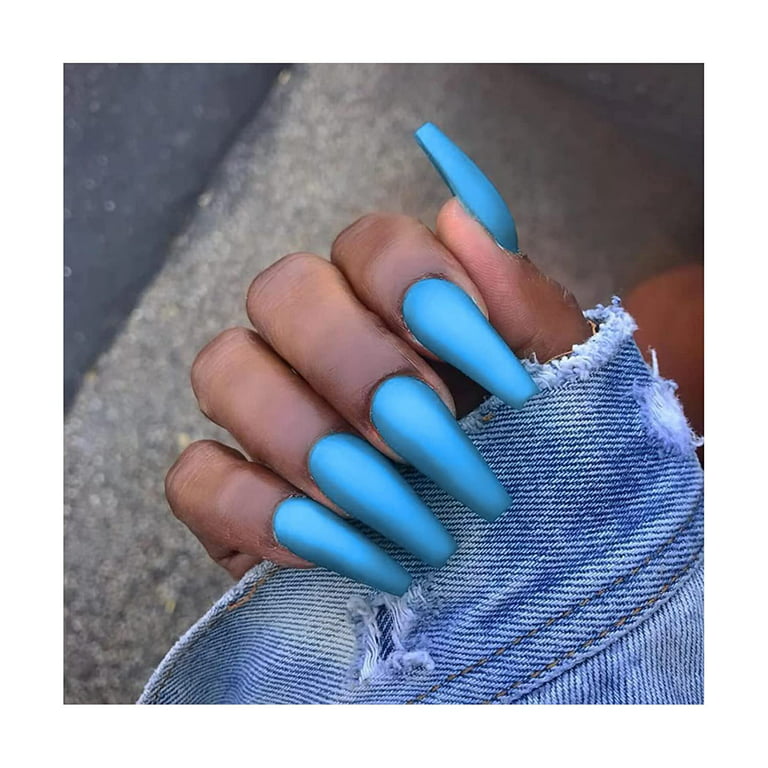 Press on Nails Long Color Gel Fake Nail, Solid Color Manicure Set Including  Jelly Glue, Nail File, Cuticle Stick, 24 Pcs. (blue \u2013 frosted) 
