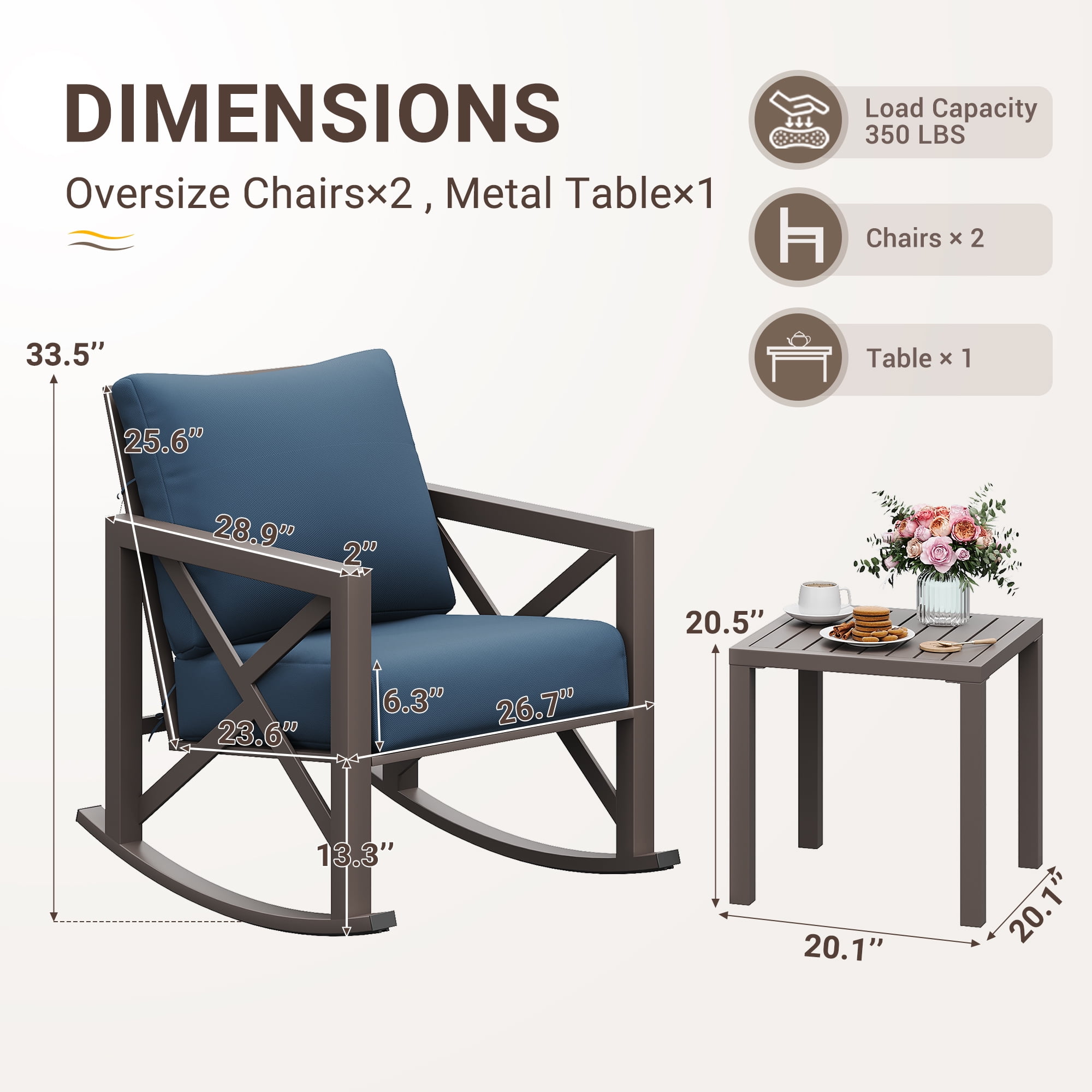 MRUAKA Rocking Chair Bistro Set,3 Piece Outdoor Patio Furniture Set with 2 Rockers and 1 Metal Coffee Table with Thick Cushions for Porch,Backyard,Poolside,Blue