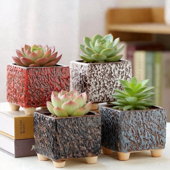 Explosion Colorful Series Ceramic Flower Pots 4-Piece Set, Suitable for Growing Succulents, Square Box