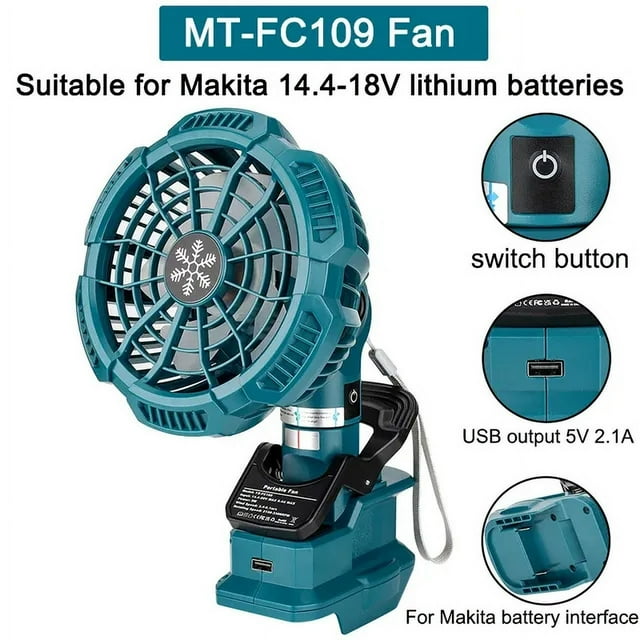 Para Makita Milwaukee Bosch Dewalt Ryobi Black & Decker Craftsman Ventilador de Batería Li-ion de 18V con Clip USB para Hogar Exterior Taller Ventilador Recargable Viento Potente