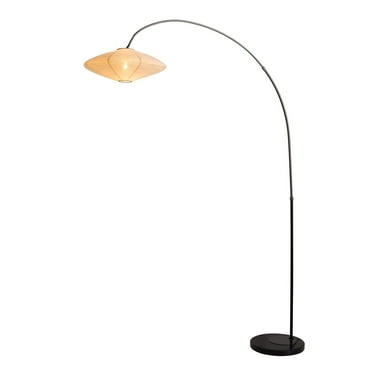 NOVA of California Roswell 1 Light Arc Floor Lamp - Matte Black Finish, Handcrafted Shinpuru-sa Linen-Cotton Shade, Black Marble Base, Dimmer