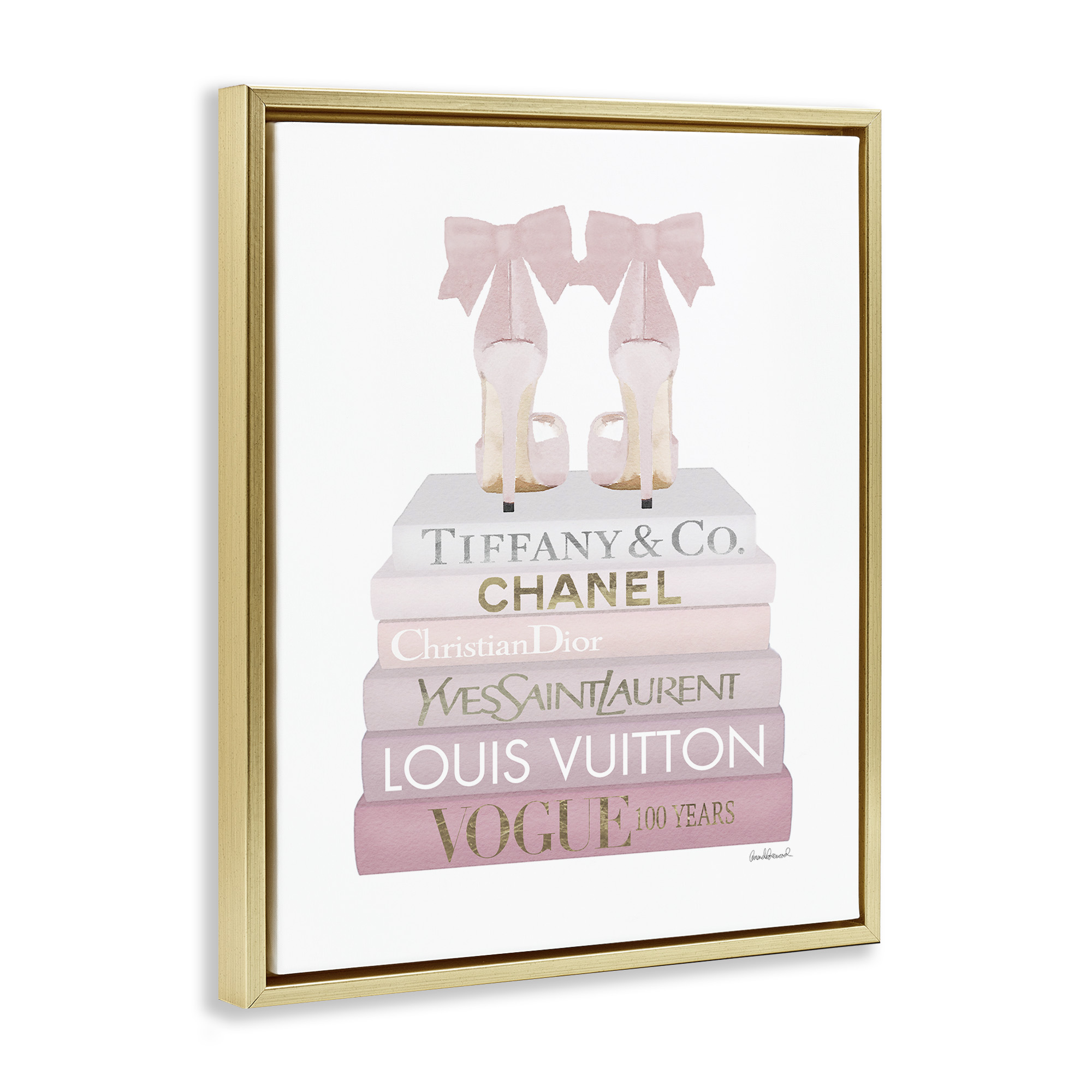 Stupell Industries Chic Shoes Glam Bookstack Beauty & Fashion Painting Gold Floater Framed Canvas Art Print Wall Art, 17 x 21