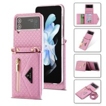 ELEHOLD for Samsung Galaxy Z Flip 4 6.7 inch Wallet Case, Zipper Purse Card Holder Crossbody Shoulder Strap Magnetic Snap Kickstand Function Shockproof Faux Leather Case for ZFlip4,Pink
