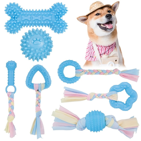 Qweryboo 7 Pcs Puppy Chew Toys for Teething Cleaning, Teething Rubber Toys for Puppy, Interactive Dog Soothes Gums and Pain Lessens Toys, Dog Toys with Rope for Aggressive Chewers Small Dogs(Blue)