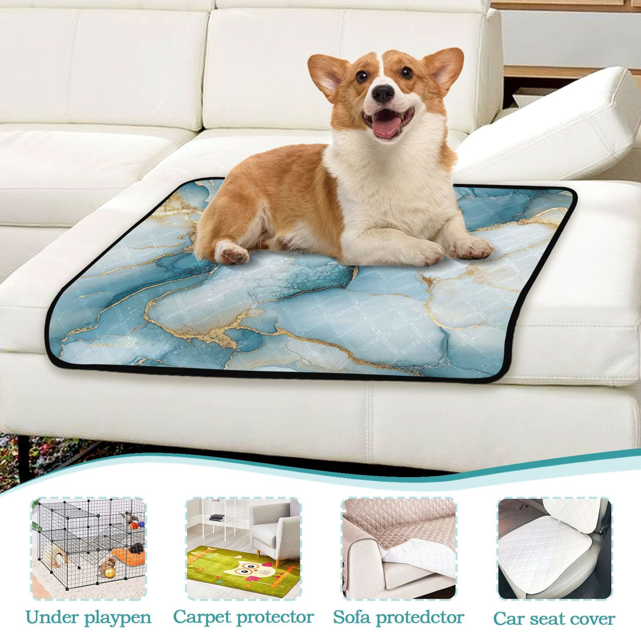 Qxltty Cyan Gilt Marble Cat litter Pads Pet Set of 2 Diaper Mats Center Anti-leakage Layer Absorbent Soft and Comfortable