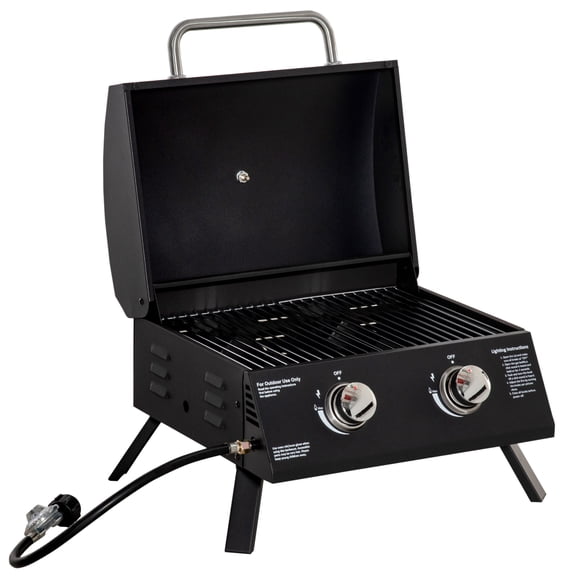 2 Burner Propane Gas Grill Outdoor Portable Tabletop BBQ with Foldable Legs, Lid, Thermometer for Camping, Picnic, Backyard, Black