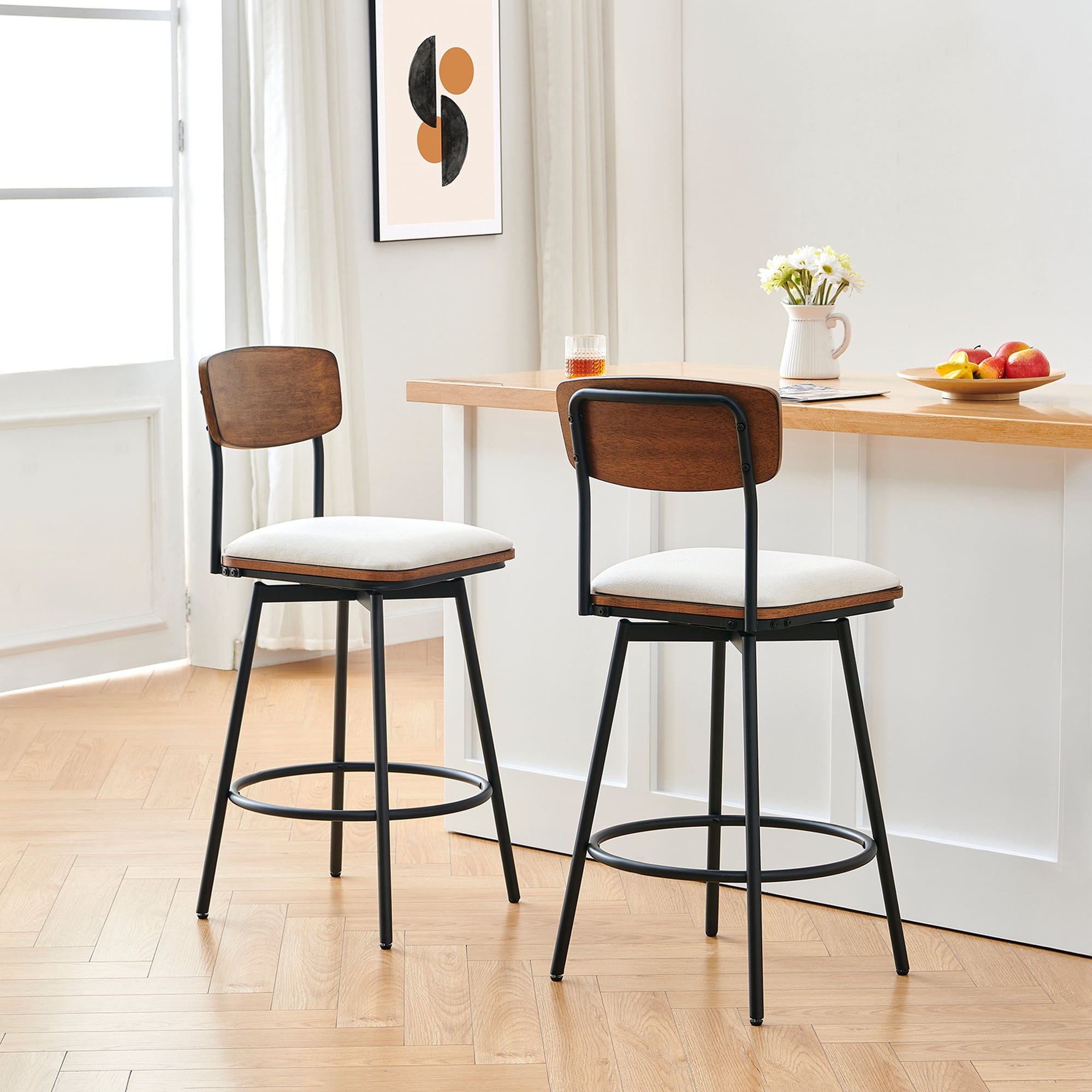 CHITA Swivel Counter Height Bar Stools with Back Set of 3, 27'' Seat Height, Metal & Wood Frame, White