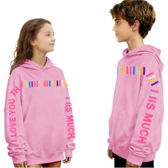 "Girls Pink Graphic Hoodie, 'I Love You This Much' Rainbow Accent Design, Soft 100% Polyester Long Sleeve Hooded Top for Kids 4-12, Machine Washable",Size 5 T