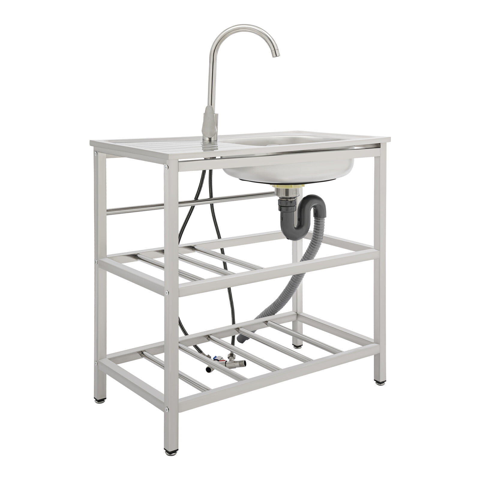 DUYIWAA Freestanding Stainless Steel Kitchen Sink with Faucet, Outdoor Utility Sink, 2-Tier Storage Rack, and Workbench for Dishwashing & Food Prep
