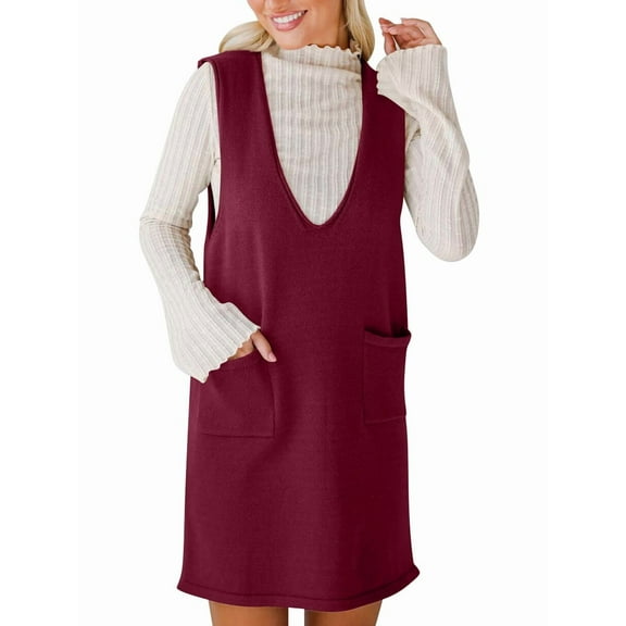 Women'S V Neck Sleeveless Knitted Solid Short Sweater Dress with Pockets Wine Red L
