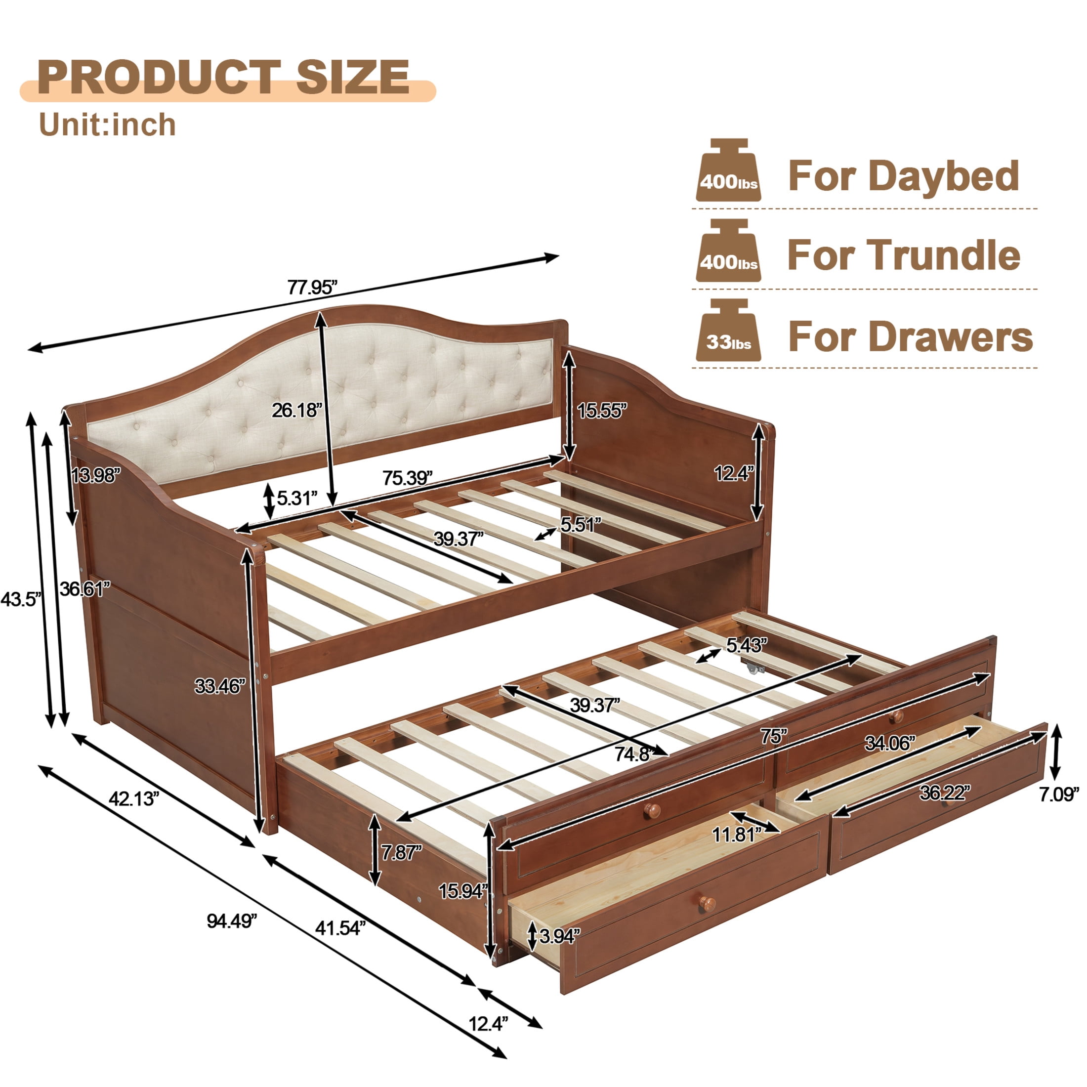 Noble House Twin Daybed with Trundle, 2 Storage Drawers, Upholstered Tufted Backrest, Walnut