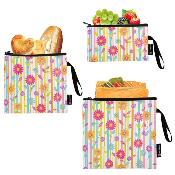 Ryvnso 3 Pack Reusable Snack Bags Sandwich Storage Pouches Washable Lunch Bag Colorful Floral Stripe