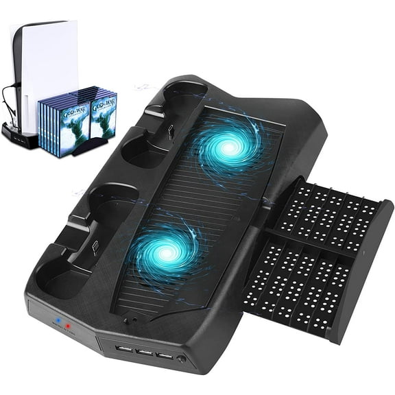 PS5 Controller Charging Station with cooling fan,with 3 USB Ports Retractable ,14 Game Slots