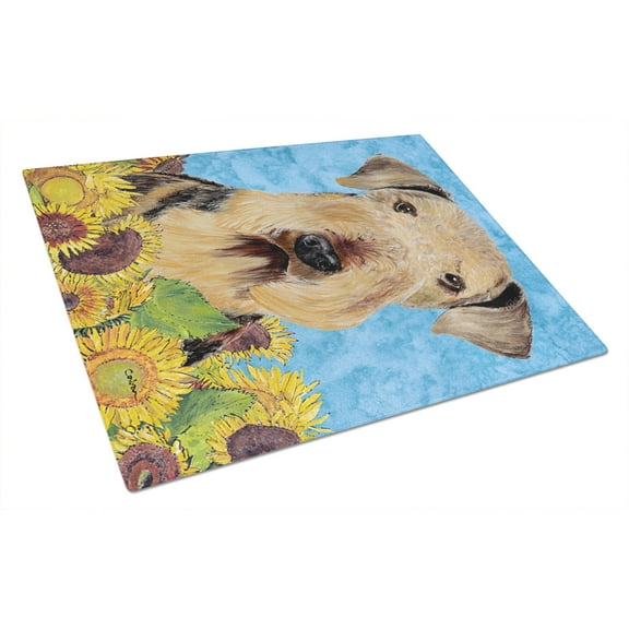 Carolines Treasures SC9069LCB Airedale in Summer Flowers Glass Cutting Board Large, 12H x 16W, multicolor