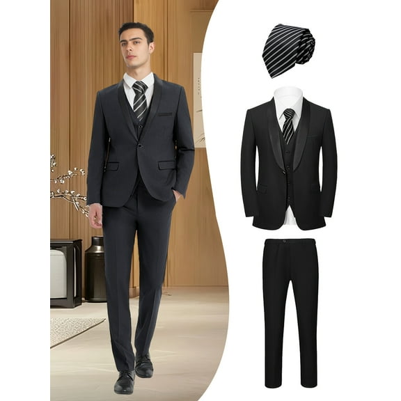 Beauty-Emily Men's 4-Piece Boutique Wedding Tailcoat Set, Jacket, Vest, Pants & Black-White Striped Tie, Formal British Style Suit for Groom, Prom, Party & Special Events