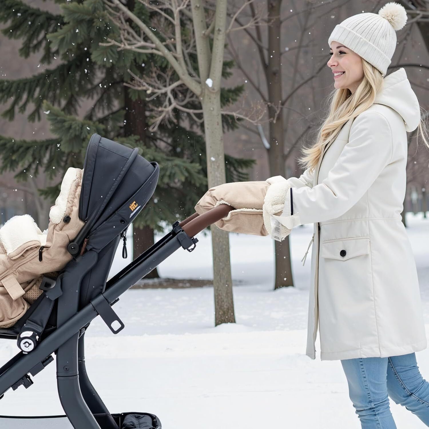 Momcozy Stroller Gloves Warmmuffs,Universal Winter Anti-Freeze Stroller Mittens,Winter Handmuff Stroller Accessories,Ultra-Plush,Weather-Proof,Foldable Adjustable,Shopping Golf Pet Cart, Khaki