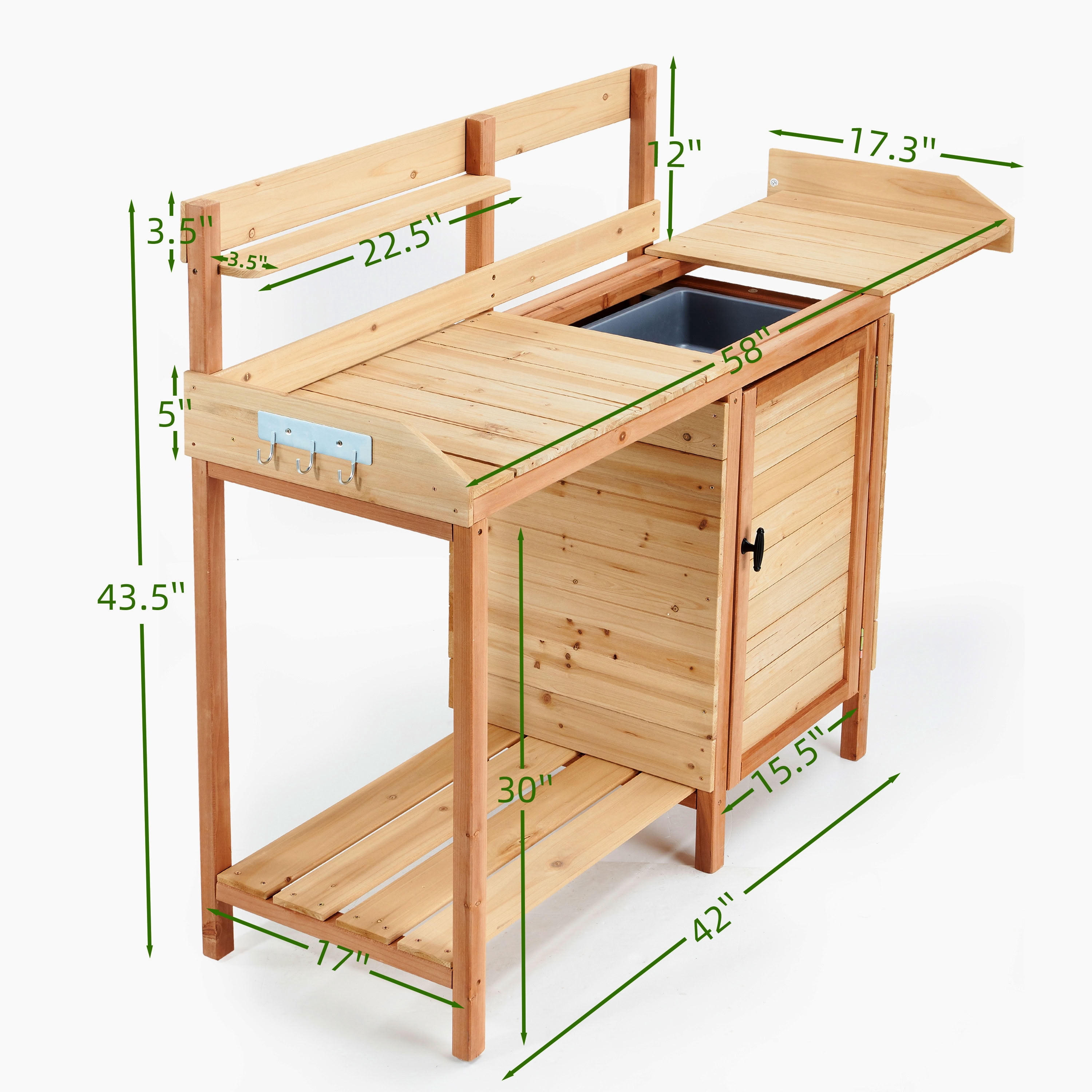 MAYEERTY Outdoor Wooden Potting Bench with Sink, Removable Tray & Side Hooks, Garden Workstation for Patio, Backyard