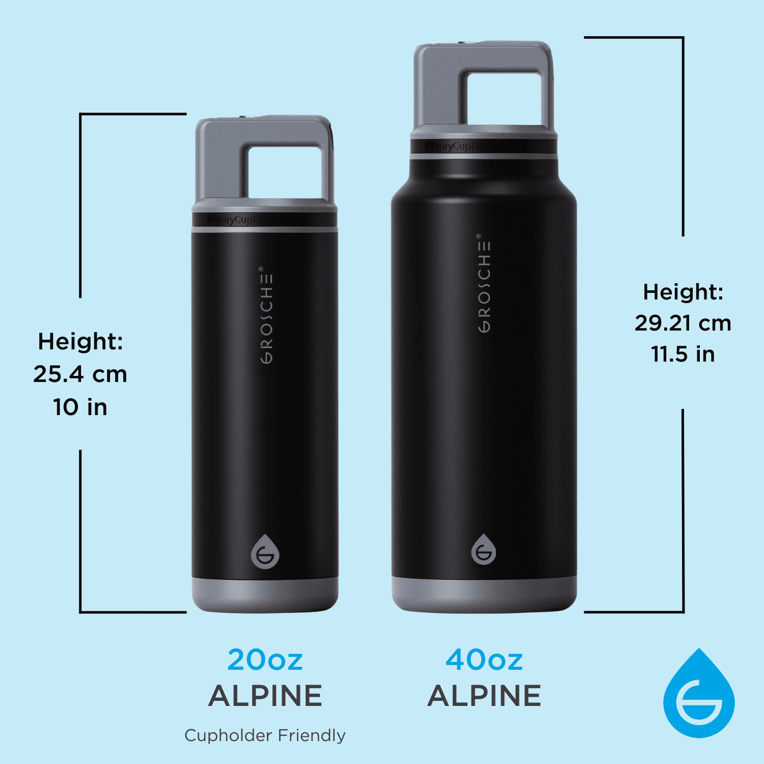 GROSCHE ALPINE Flip 'N Sip Insulated Water Bottle, Leakproof Water Bottle with Straw, 40oz, Black & White (Pack of 2)