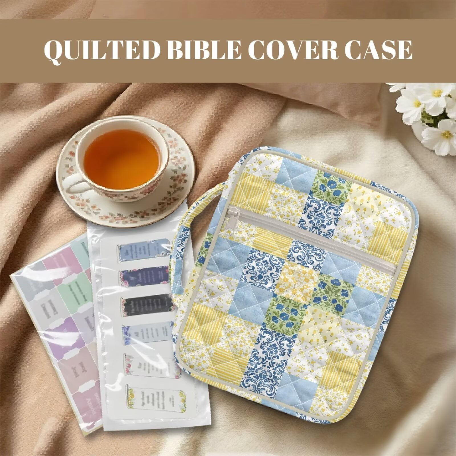 Pzuqiu Checkered Flower Large Bible Case includes 75 Bible Tabs & 12 Bookmarks Multi-Functional Scripture Book Cover Organizer for Book Lovers ,Bibles Accessories Perfect Gift
