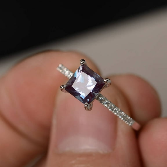Alexandrite Ring Princess Cut Engagement Ring Silver Slim Delicate Ring June Birthstone Ring