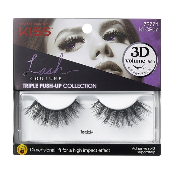 KISS Lash Couture Triple Push-Up False Eyelashes, Strip Lashes, Teddy, Black, 12mm, 1 Pair