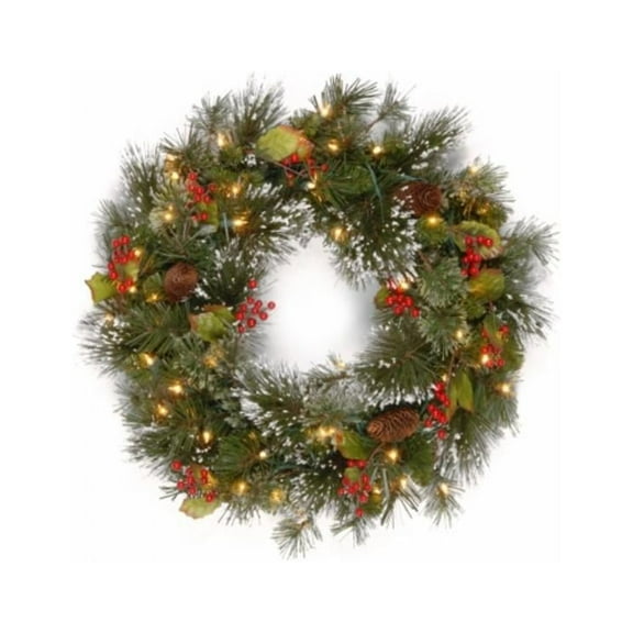 National Tree Company Green/Multicolored Artificial 24-inch Wintry Pine Wreath with Clear Lights - Green