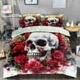 thumbnail image 2 of Full Size Comforter Set with 2 Pillowcases, Skull with Flower - 3 Pcs Bedding Set for Kids and Adults, Skull with Flower Soft Comforter Set for Bedroom Bed Décor, 2 of 6