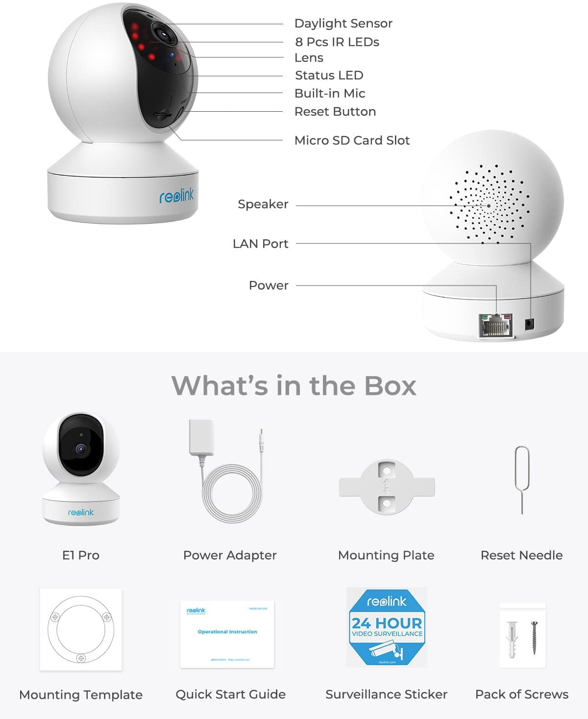 Reolink E1 Pro 5MP Smart Indoor WiFi Security Camera, 360° Pan Tilt, Auto Tracking, Baby Crying Detection, Pet & Person Detection, Two-Way Audio, Dual-Band 2.4/5GHz WiFi, Night Vision, microSD Storag