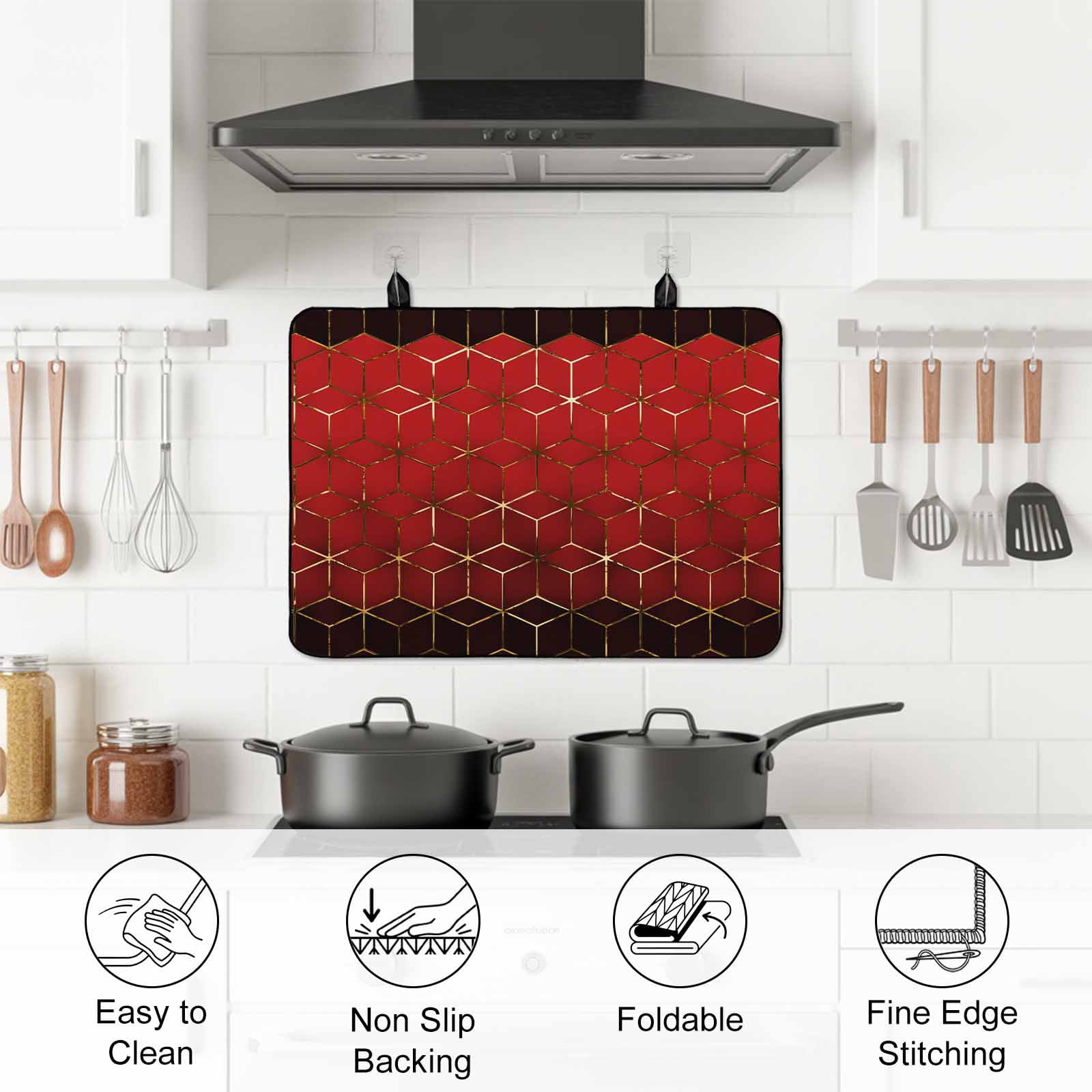 Ombre Red Geometric Stove Top Cover for Electric Stove, Heat-proof & Non Slip Glass Top Stove Cover Protector, Modern Abstract Art Kitchen Flat Cooktop Rubber Mat 24x21 Inches