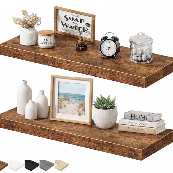 Induslyfe Large Rustic Brown Floating Wall Shelves, Wood Wall Mounted Shelf, Set, 22.5 x 6.7 in, Set of 2, shelf over toilet farmhouse decor