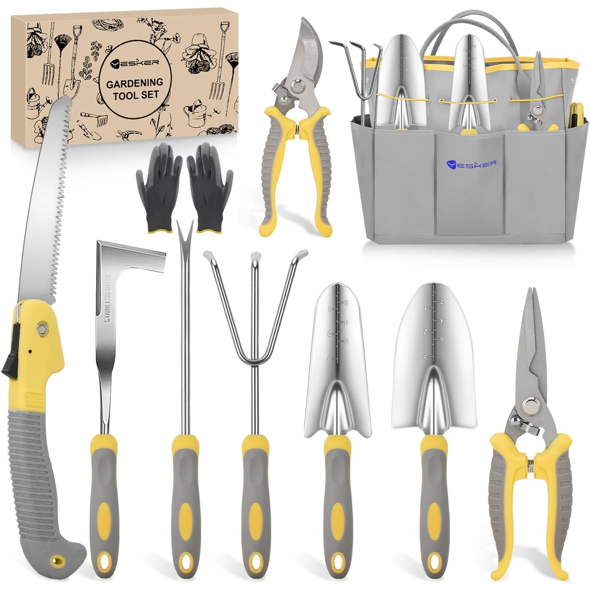 Yesker Gardening Tools 10-Piece Heavy Duty Garden Tool Set Gardening Supplies Gifts for Women Men Gardening Hand Tool Kit w Non-Slip Ergonomic Handle Garden Bag Durable Gloves Pruning Shears Gray