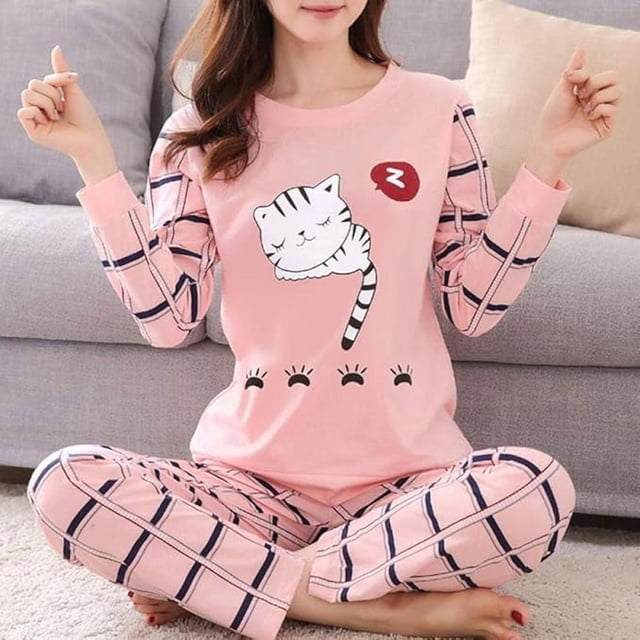 Conjunto de pijama de invierno para mujer, fino, con dibujos animados, estampado de manga larga, informal